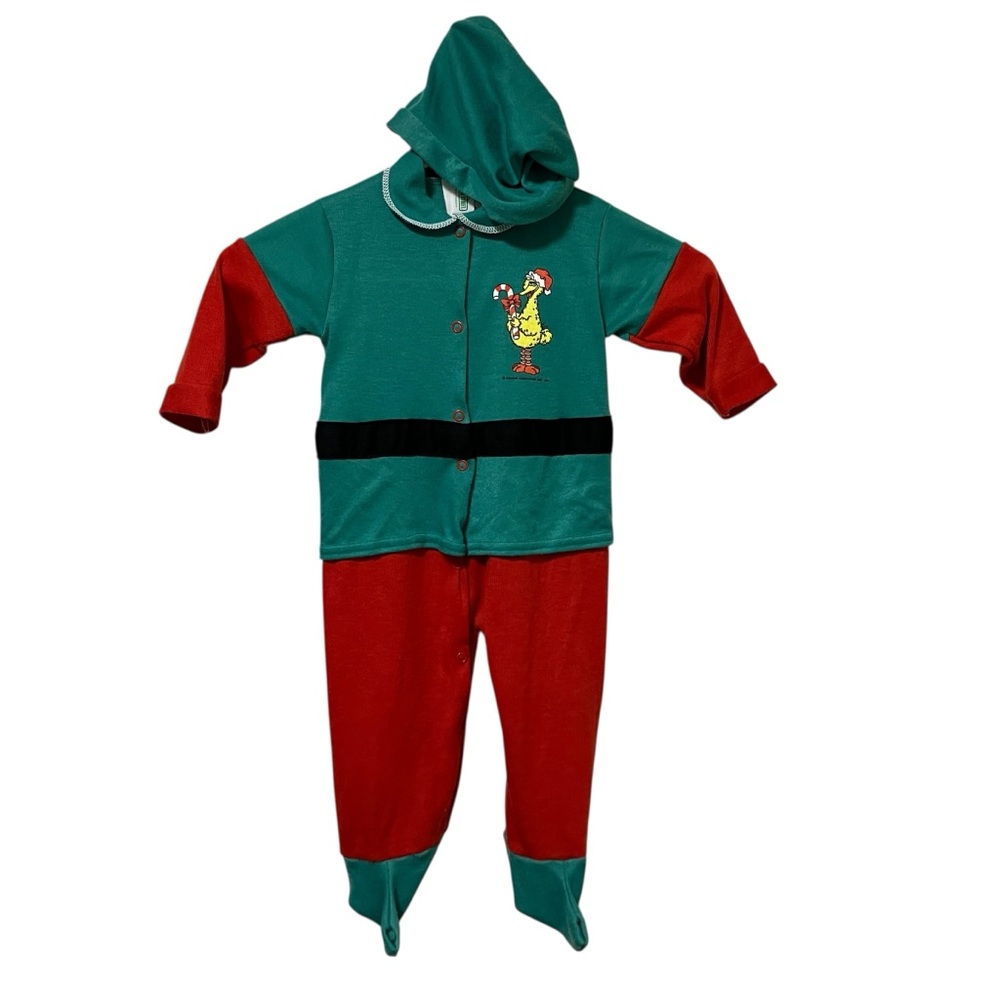 Vintage 80's Sesame Street Big Bird Elf Costume Christmas Pajamas with Hat